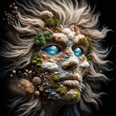 The primary subject of the image is a close-up of a person's face, which is depicted as a collage of various elements. The face is surrounded by a variety of objects, including trees, clouds, and mushrooms. The setting appears to be a dark, moody environment, with the face being the main focus of the image. The visual style is a combination of digital art and illustration, creating a unique and intriguing appearance. The colors and mood of the image are predominantly dark and mysterious, with the face being the only bright and prominent element in the scene.